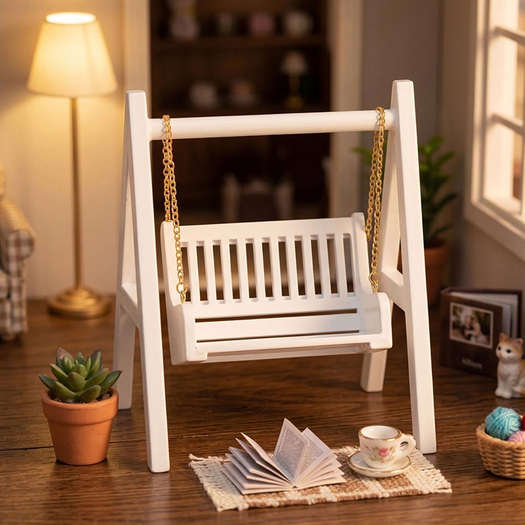1:12 Scale Miniature Swing White Wooden Porch Swing Doll House Furniture Mini Garden Backyard Decor