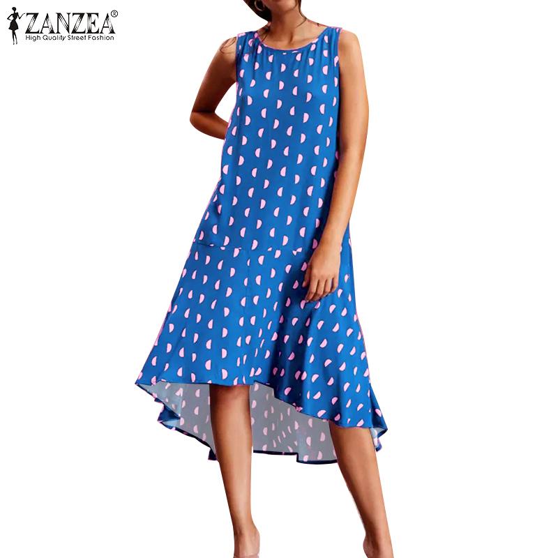 

ZANZEA Женское повседневное платье без рукавов с круглым вырезом и геометрическим принтом, высокое низкое платье