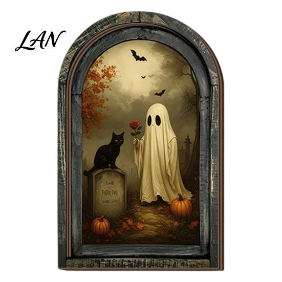 Decorative Halloween Desktop Accents Arched Wooden Wall Hanging Plaque, Double-Layer Distressed Ghost Cat Ornament, Rustic Tabletop Signs Gothic