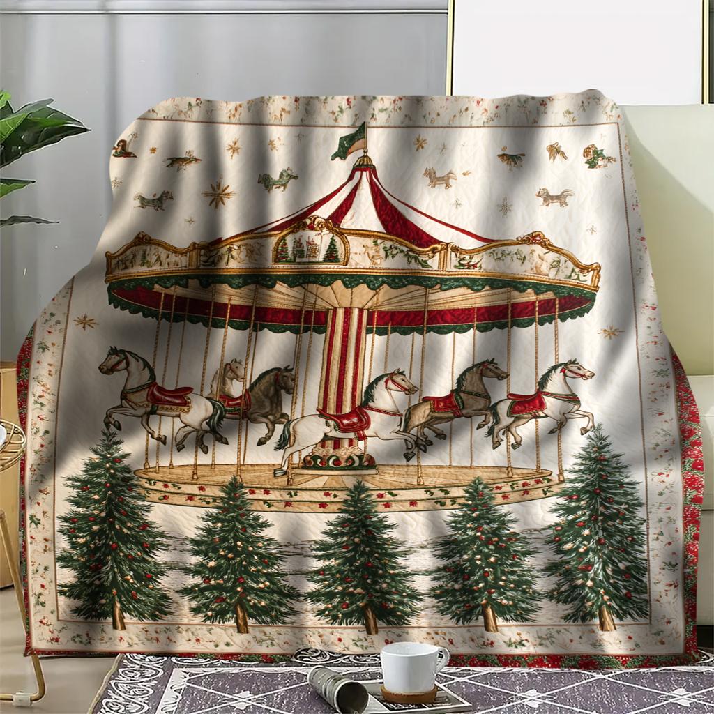 Cozy Carousel Theme Print Throw Blanket - Vintage Pop Art Motif Soft Lightweight Accent for Sofa Bed Travel Office Gift