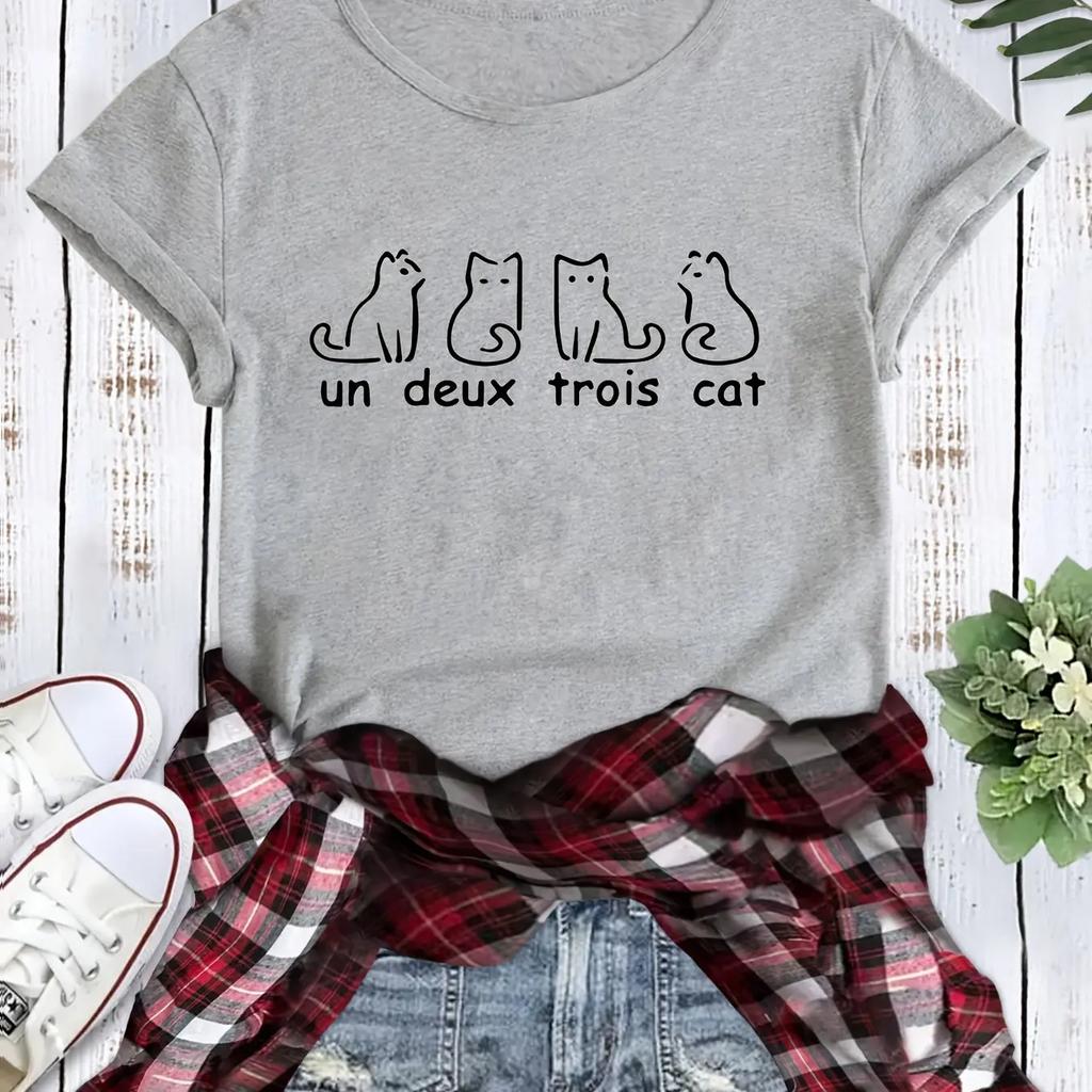 Damen Casual Kurzarm T-Shirt "Un Deux Trois Katze" Französischer Katzen-Druck Lustige Grafik lässiges Sommeroberteil 2024 Neu Harajuku