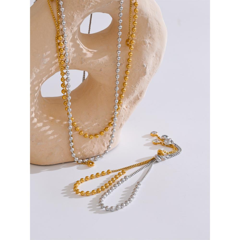 Yhpup Stainless Steel Beads Chain Adjustable Necklace Bracelet Bangle Gold Silver Color Zirconia Popular Jewellery