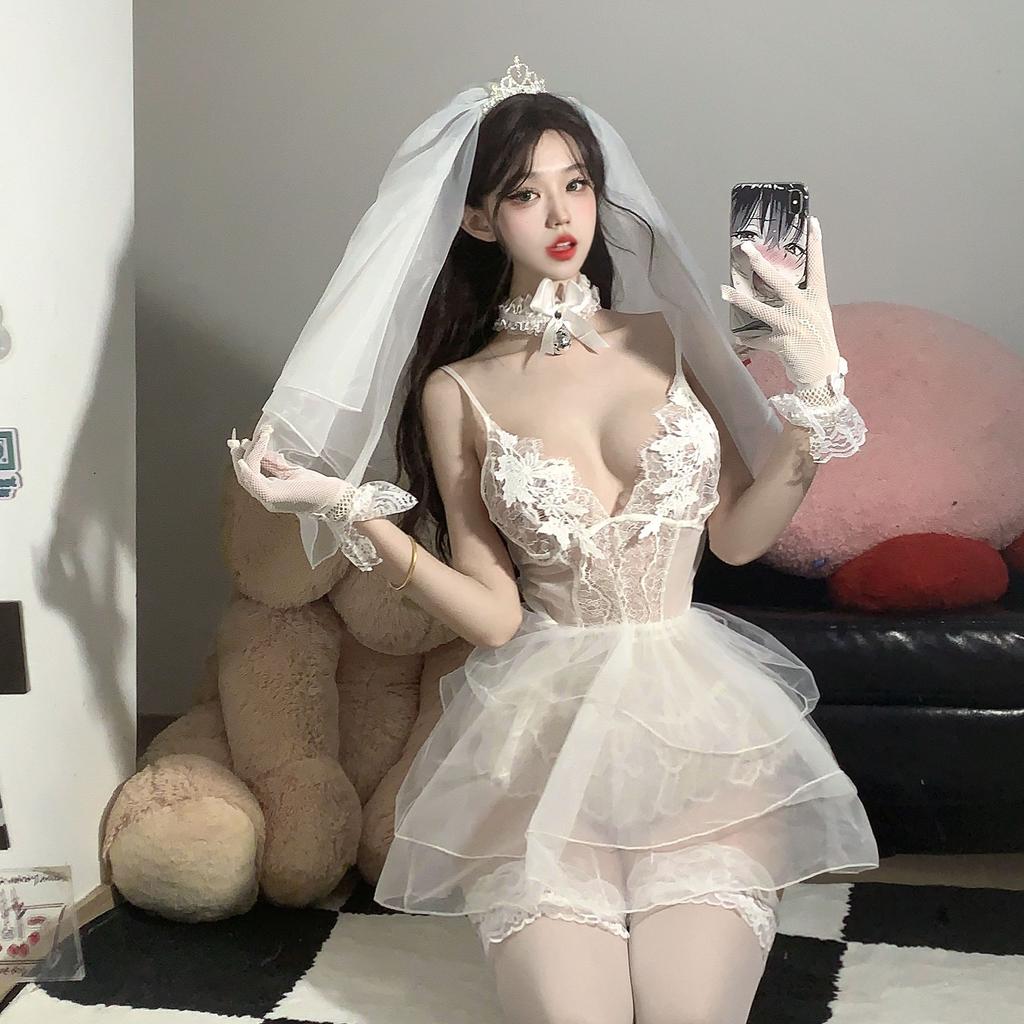 Lace mesh perspective sexy deep V hollow erotic underwear seduction low-cut onesie women's suit