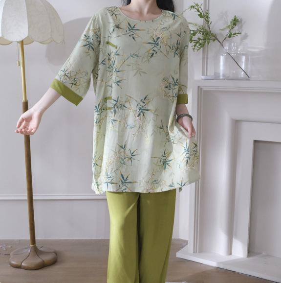 Hanfu pajamas women's spring summer new Chinese-style cotton and silk suit cotton silk medium-sleeved loose loungewear can be worn thin