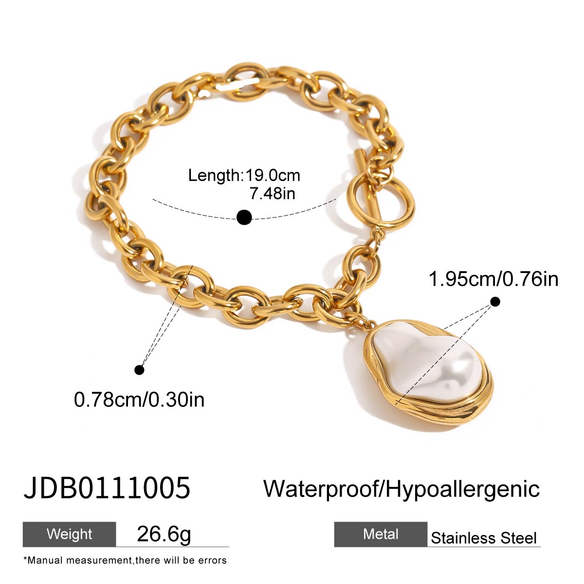 

Youthway New Arrival Gold Plated Stainless Steel Irregular Imitation Pearl Pendant Bracelet For Women Anti Allergic Jewelry Gift