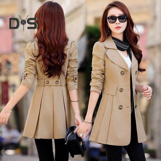 Fall Winter Women Jacket Double Breasted Lapel Mid Length Solid Color Pleated Long Sleeve A Line Tight Waist OL Commute Style Lady Jacket Trench Coat