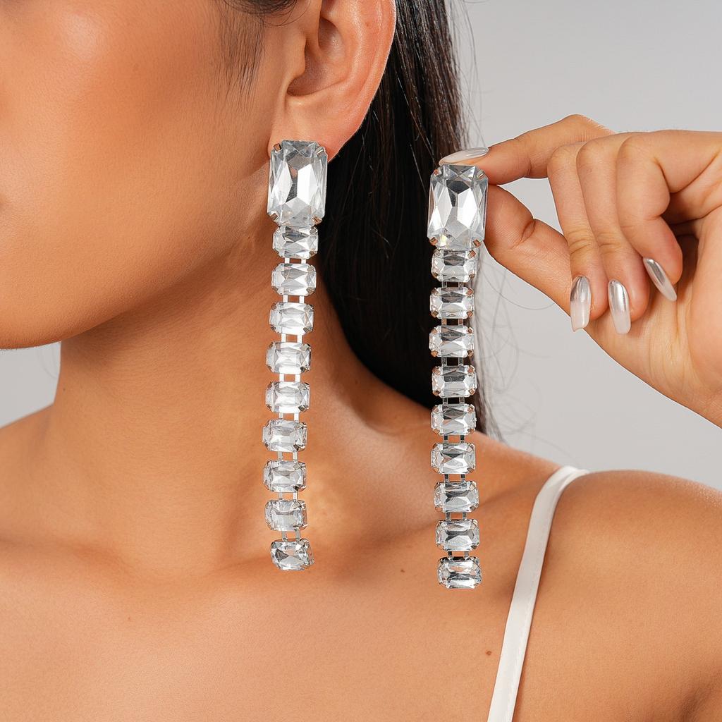 Light Luxury Acrylic Diamond-encrusted Rectangular Tassel Silver Needle Earrings Fashionable Long Temperament Earrings