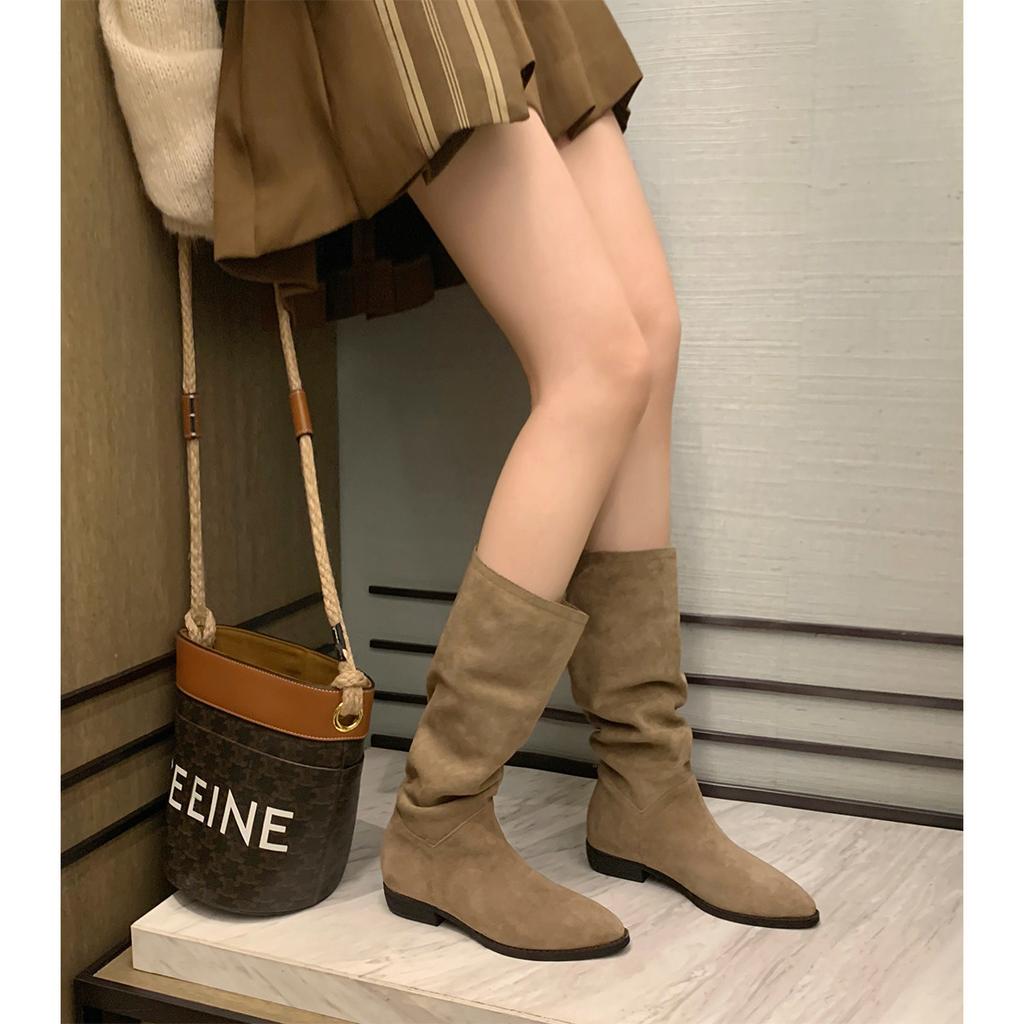 Cowhide Version Grape Mother Same Retro Pointed Head Thick Heel Western Cowboy Boots Medium Tube Thin Pile Boots Women'S Autumn And Winter