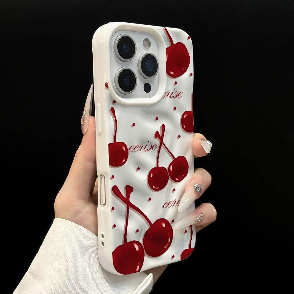 Korean Cherry Pattern Phone Case For iPhone 17 16 15 14 13 12 11 Pro Max 14 15 Plus 17 Air Wrinkle Wave Soft Silicone Drop Cover