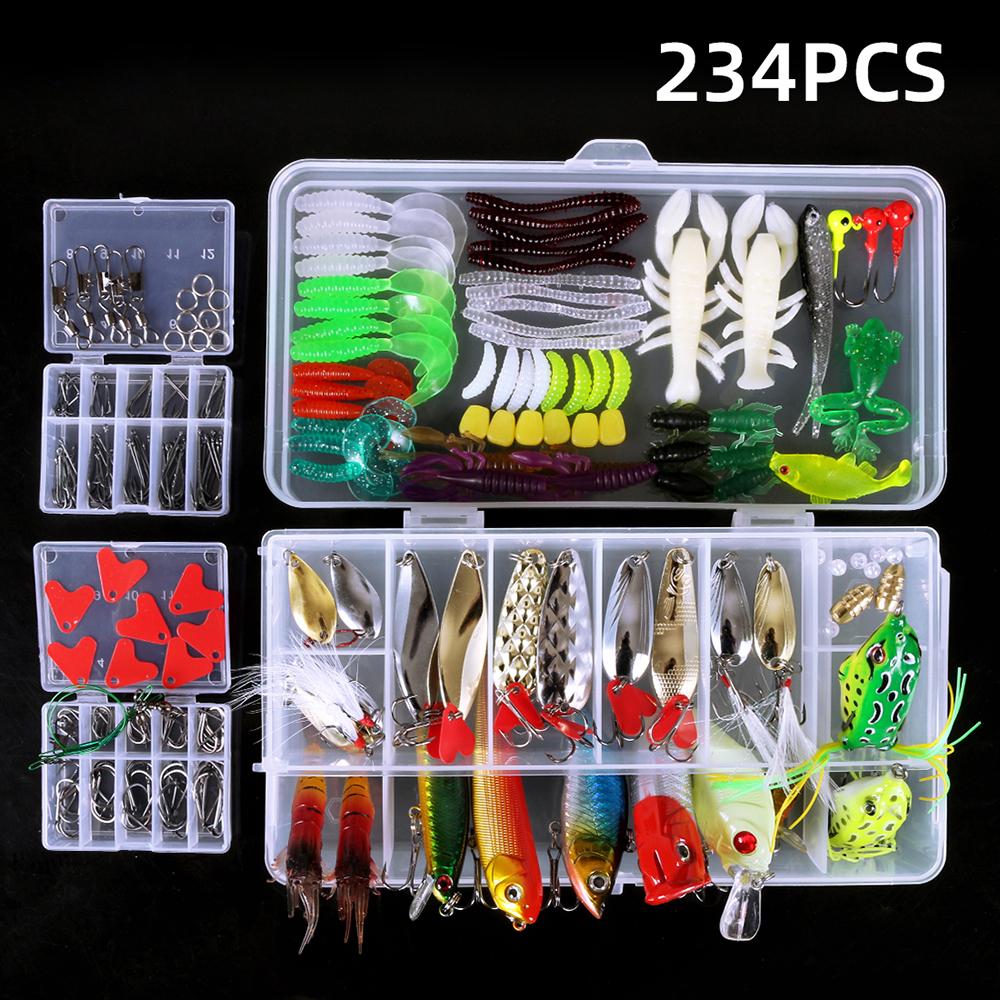 234pcs Fishing Tackle Set Fishing Minnow Popper Lures Baits Crankbait Jig Hooks Sinker Weight Barrel Swivels with Free
