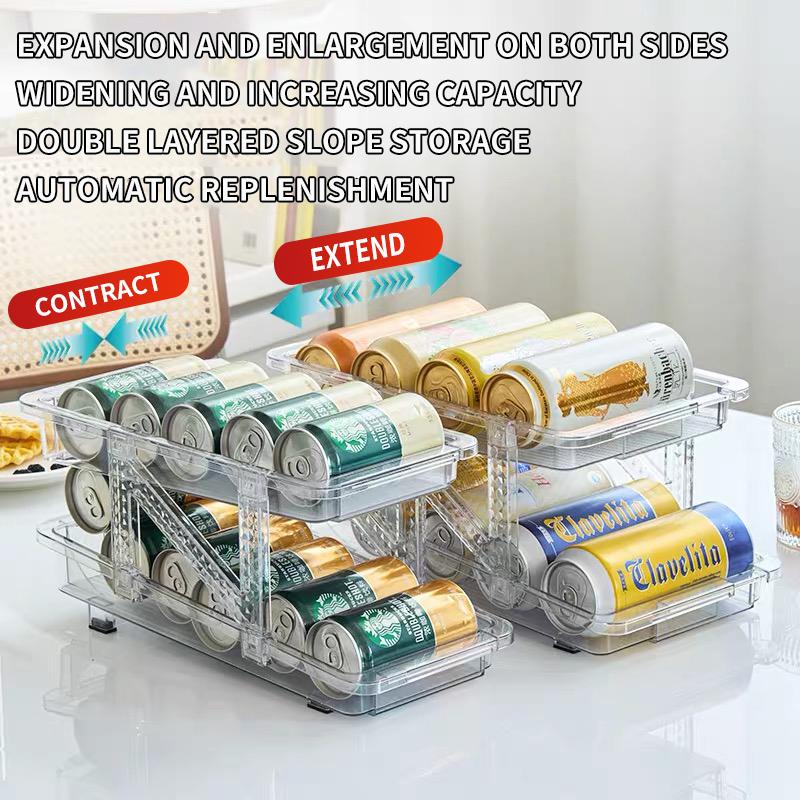 Double Layered Telescopic Rolling Beverage Storage Box - Automatic Replenishment Can Storage Rack - Refrigerator Soda Desktop