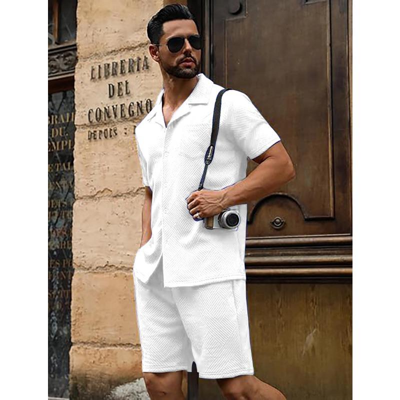 Summer Pocket casual texture beach short-sleeved button-down knitted sweater and shorts set