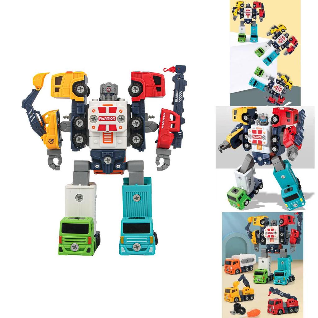 Diy Detachable Engineering Vehicle Toy Set For Boys With Five Colorful Transforming Robots