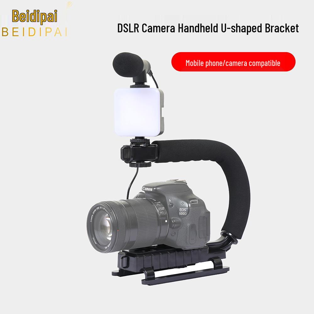 

U-Shaped Handheld DV Stabilizer Set with Fill Light and C-Shaped Sponge Grip for Mobile Photography.