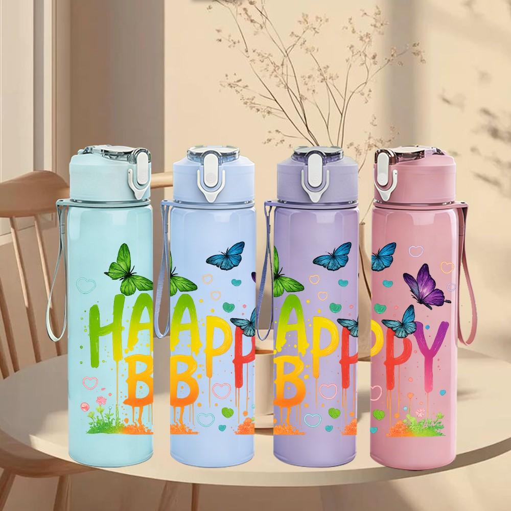 1PC Happy B Letter Butterfly 750ml Color Plastic Sports Water Bottle Leakproof Flip Straw Lid Suitable for Sports Office Home Use