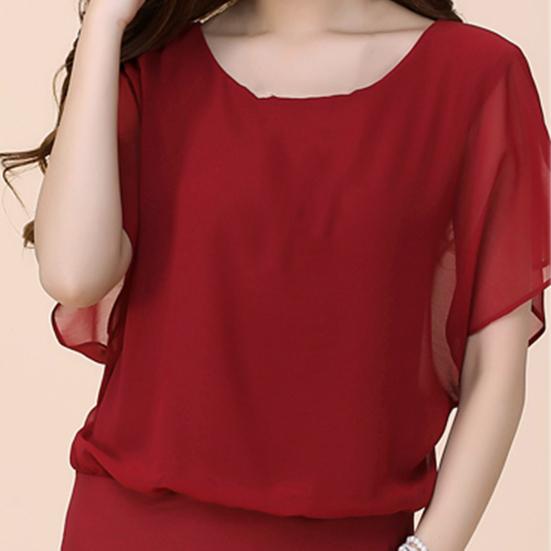 Women Top Solid Color O Neck Pullover Batwing Sleeve Ruffle Summer Top Daily Garment