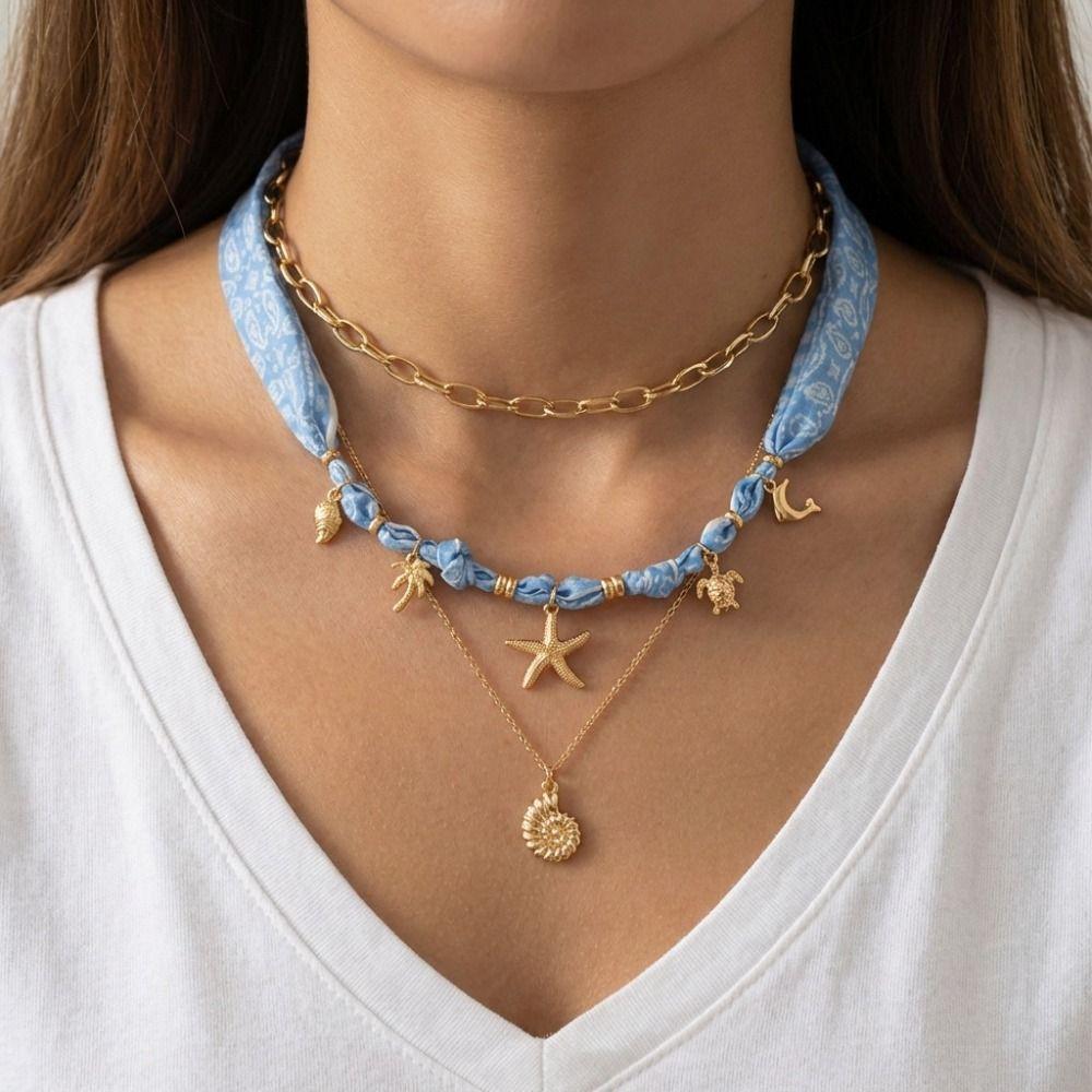 Sea Star Scarf Necklace Seashell Bohemian Style Necklace Trendy Beads Chain Choker Gold Jewelry