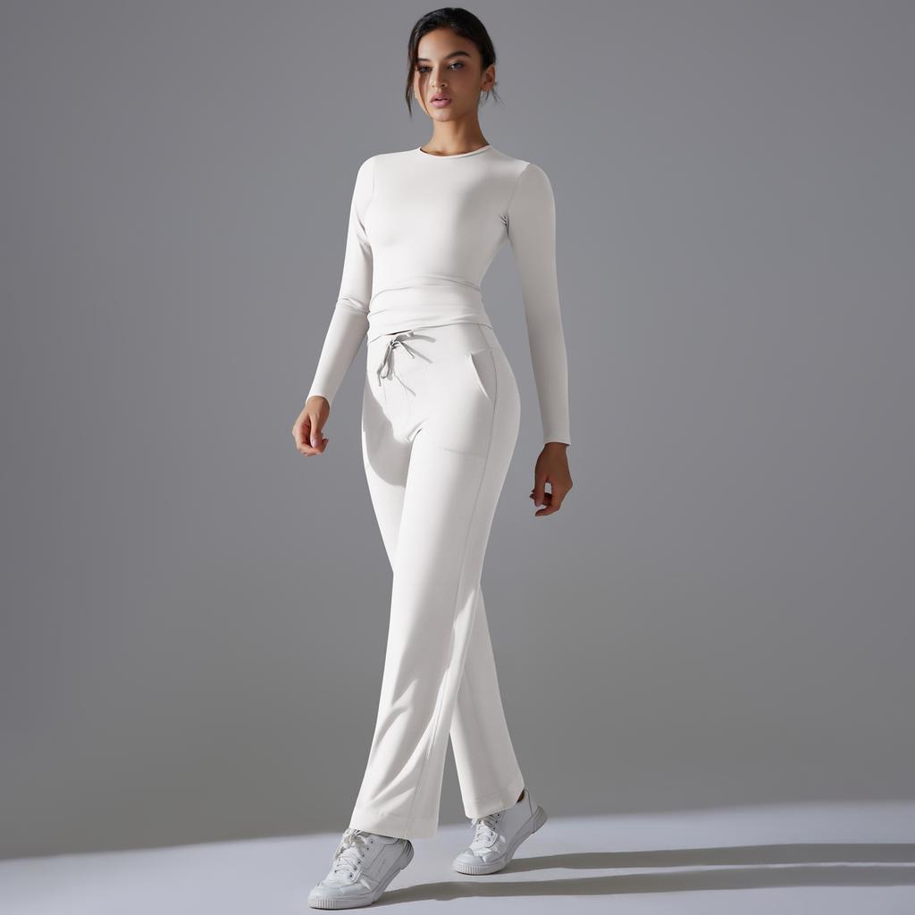 Auroth Long Sleeve Yoga Set With Pockets Women Workout Colthes Gym Top Wide Leg Fitness Pants Sportswear