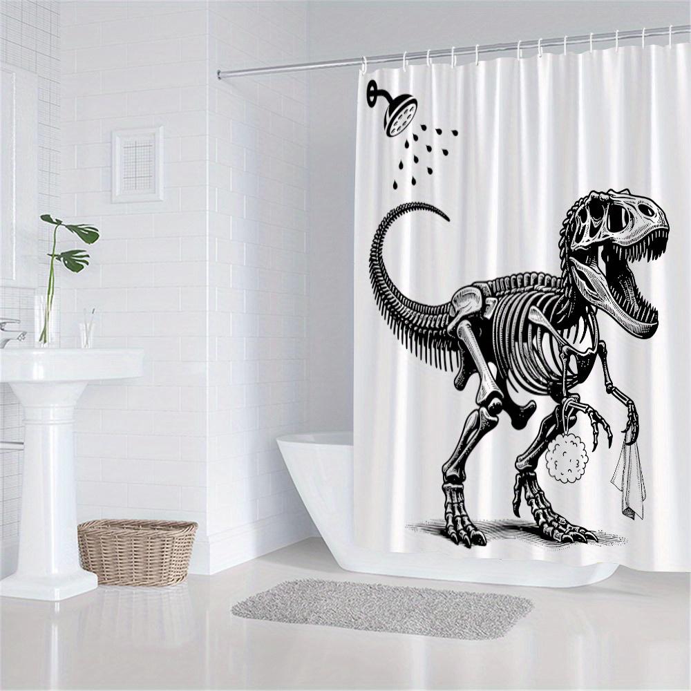 Funny Dinosaur Skeleton Shower Curtain – Black & White Design, 70X70" Polyester With Hooks, Modern Wildlife Bath Decor