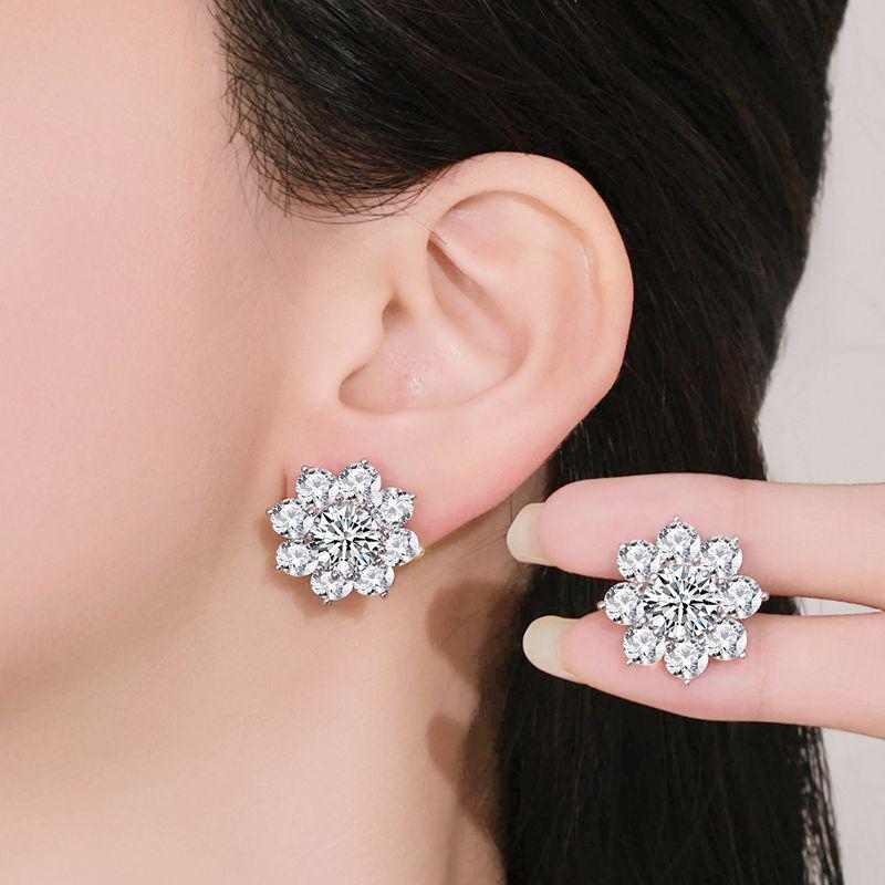 

Four-Prong Sunflower Moissanite Snowflake Earrings, Sterling Silver, 3 Carat, 8 Hearts & Arrows Design for Women 925 Sterling Silver