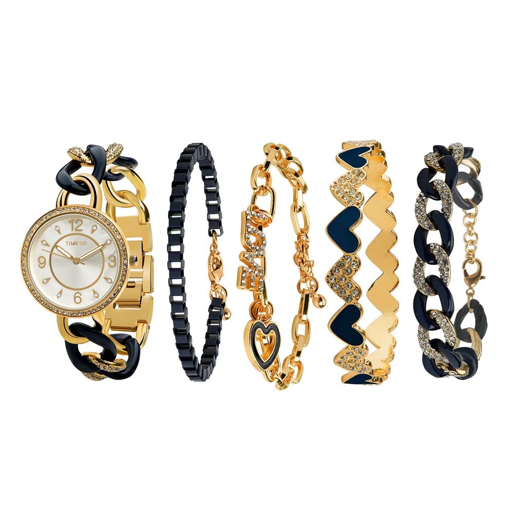 Gift Set Made in Japan Ladies Watch and 4 Gift Wrapping [TIME100] 6-Color Bracelets, 5-Year Warranty, Stylish, Waterproof, (Black)