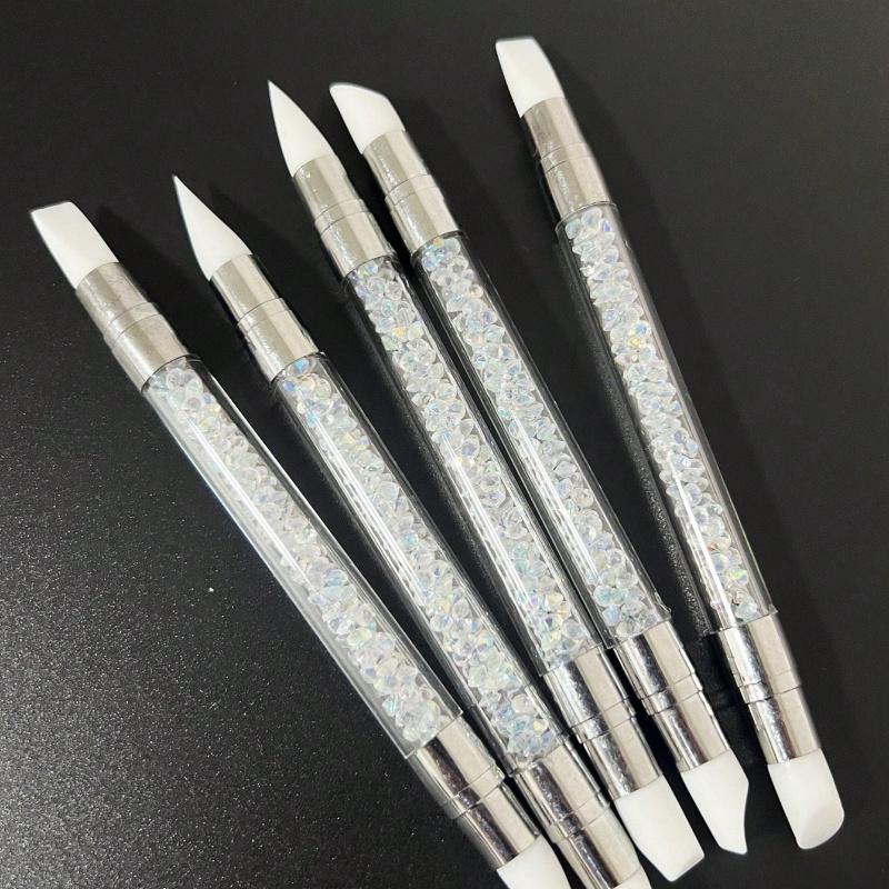 Set Pink Dual Ended Rhinestone Nail Art Silicone Pen Sculpture Pen 3D Flower Carving DIY Manicure Brush Nail Dotting Pen