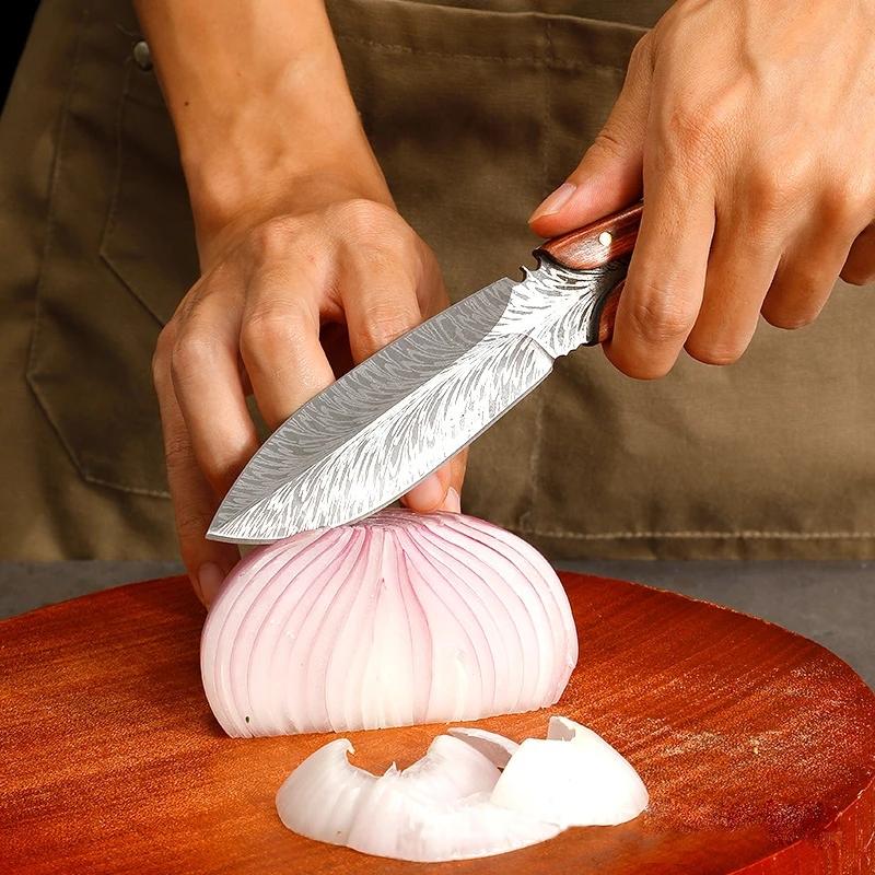 Pocket Knife Professional Kitchen Knives Stainless Steel Boning Butcher Knife with Sheath Feather Pattern Forged Meat Cleaver