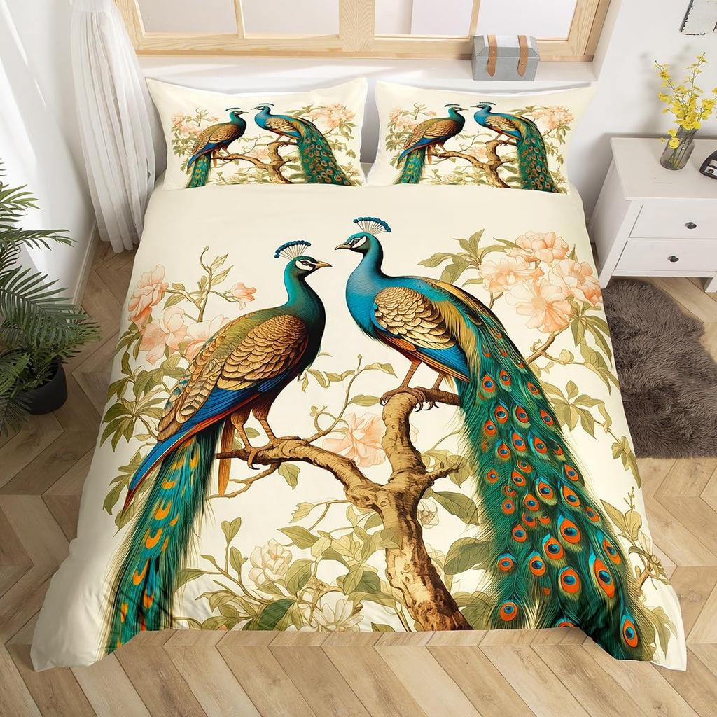 Peacock Duvet Cover Twin Full Queen King Chinese Style Peach Blossom Flowers Retro Bedding Set Wild Animal Print Comforter Cover