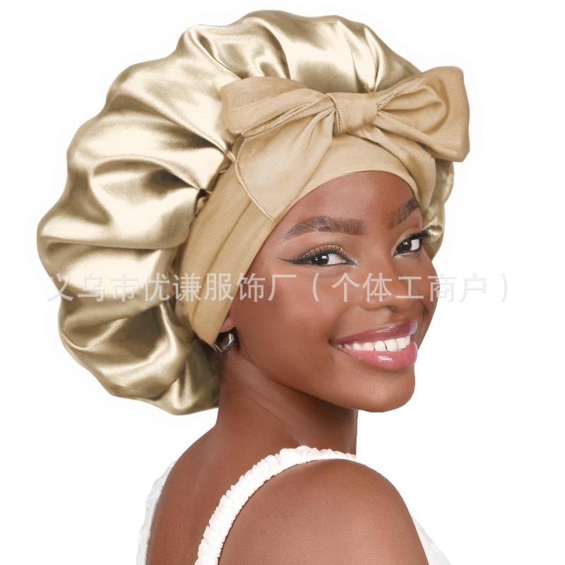 Ladies Satin Ribbon Round Cap Satin Bow Nightcap Hair Care Cap Extra Large Beauty Hair Care Cap