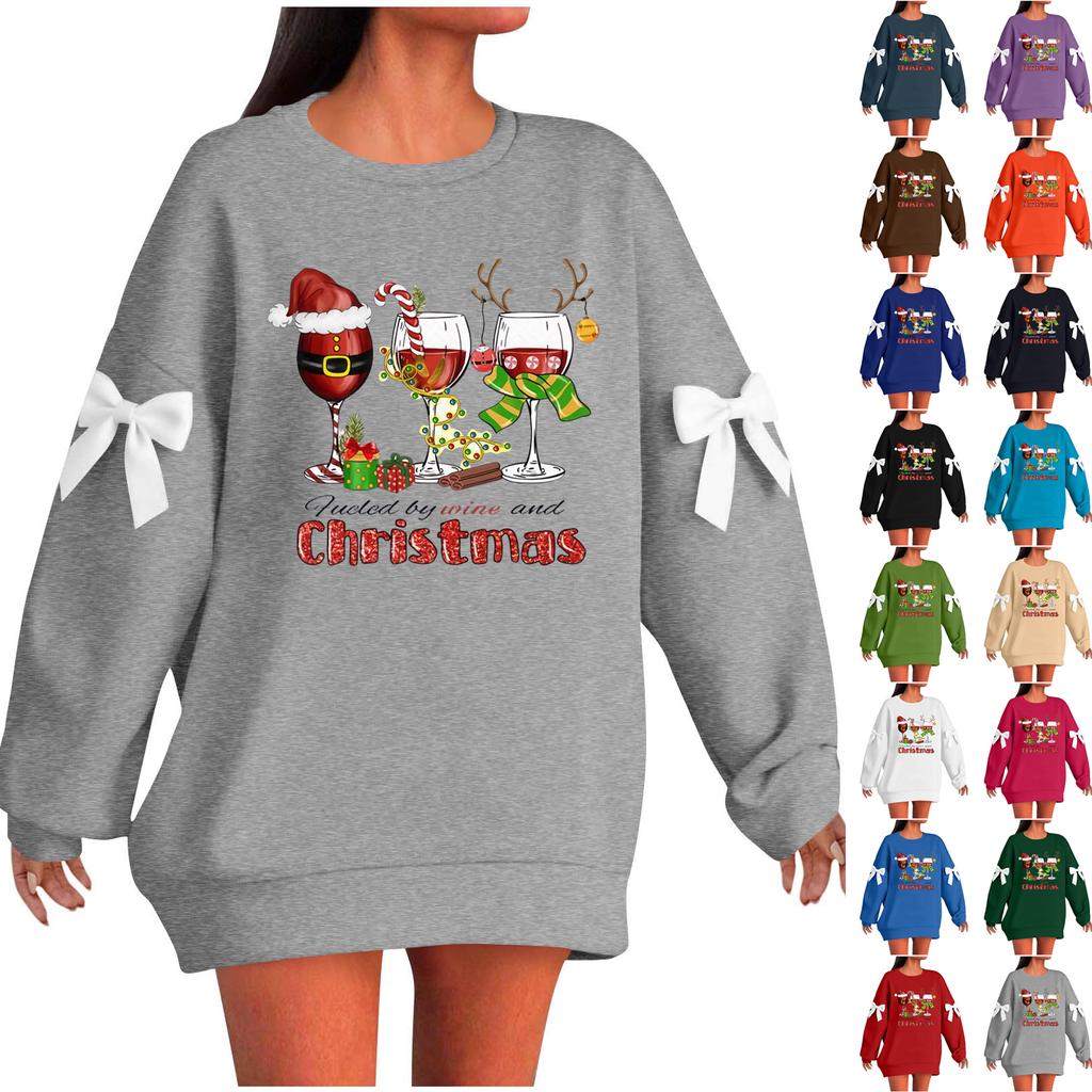 Ladies' Christmas Printed Bow Round Neck Long Sleeved Loose Pullover Sweater Sweatshirt Top