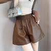 Women's Black PU Leather High-Waisted Slimming A-Line Wide-Leg Bootcut Shorts - Winter Casual Wear