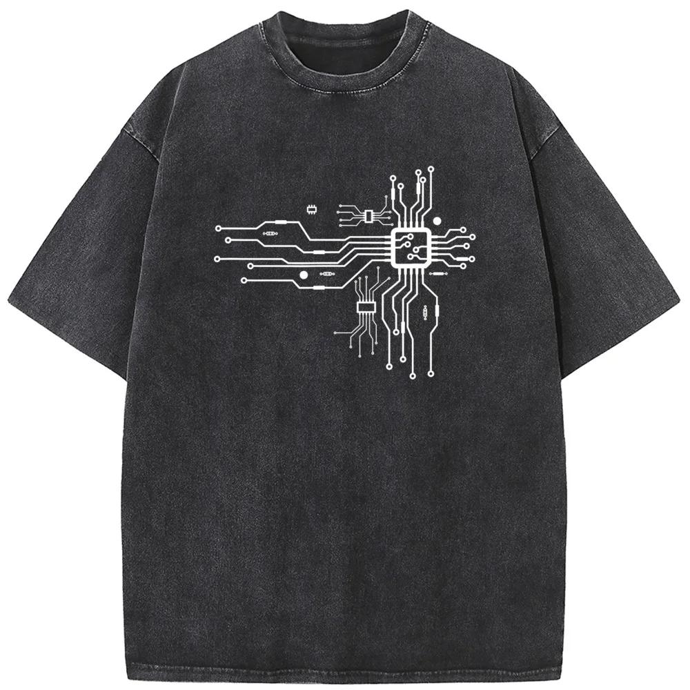 CPU Processing Chip Route Men's Short-Sleeved T-shirt Streetwear Men Washed T-shirts Vintage Colored Mens T-shirts