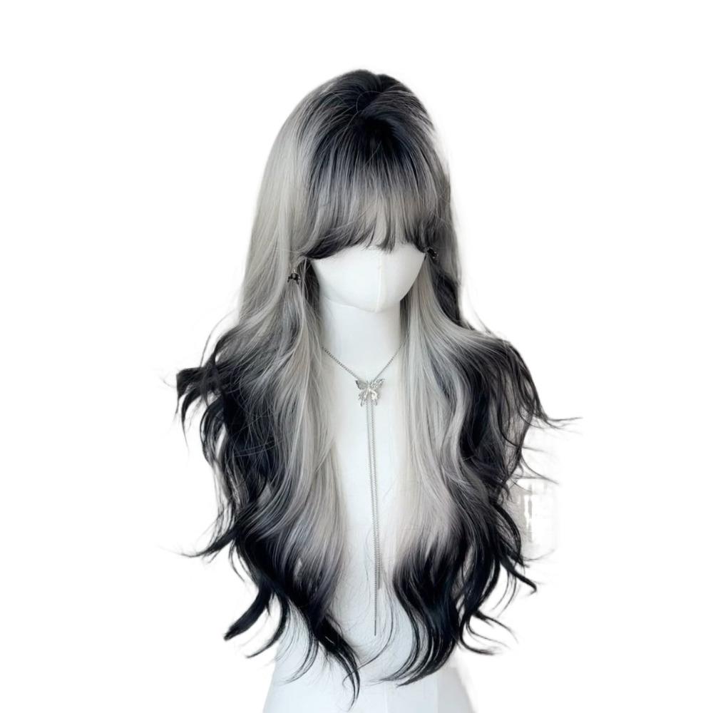 Halloween Long Body Wave Wigs Air Bangs Lolita Cosplay Wigs Black and Gray Gradient Wigs for Women