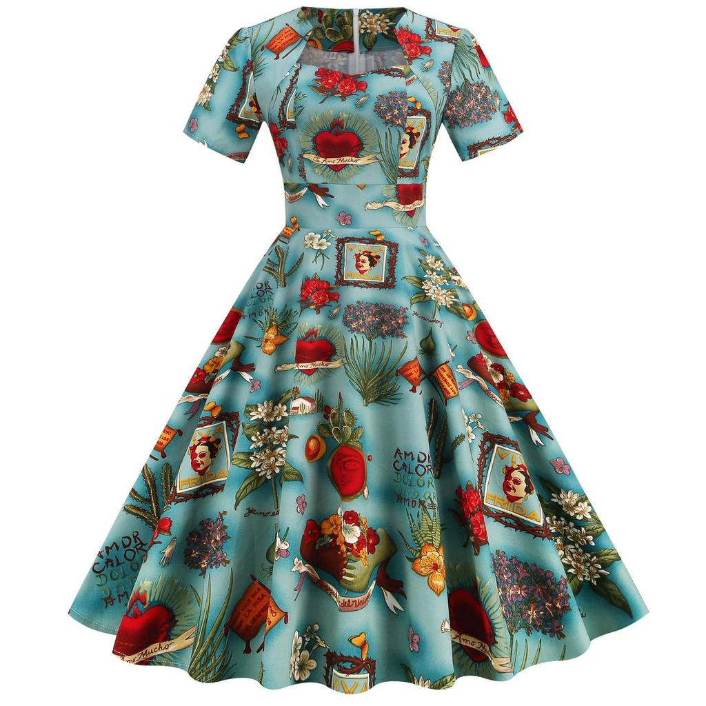 Polka Dot High-Waisted Midi Swing Dress with Short Sleeves