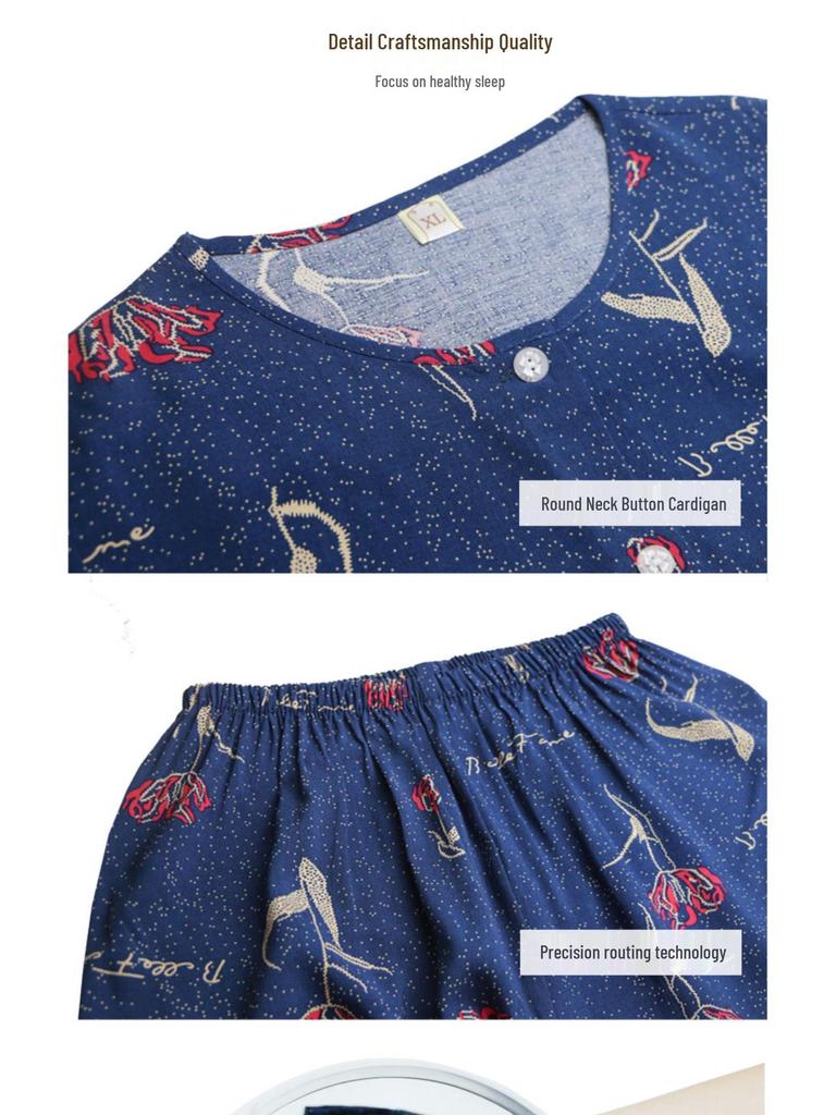 Women's Cotton Silk Short-Sleeve Pajama Set for Middle-Aged and Elderly