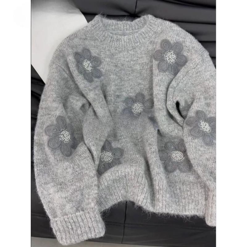 Suéter Feminino de Lã com Contas de Unha Flor 3D Doce Tricotado Gola Redonda Outono Solto Suave Fashion Pulôver Feminino