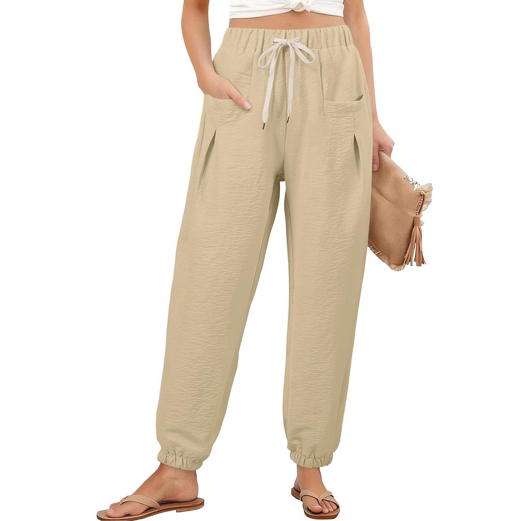 Weit geschnittene Damenhose mit lockerem Bein, lässige Hose mit lockerem Schnitt, hochelastischer Bund, lange Hose mit Taschen