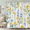 "Charming Floral Waterproof Shower Curtain, Yellow And Blue Flower Design For Elegant Bathroom Decor"