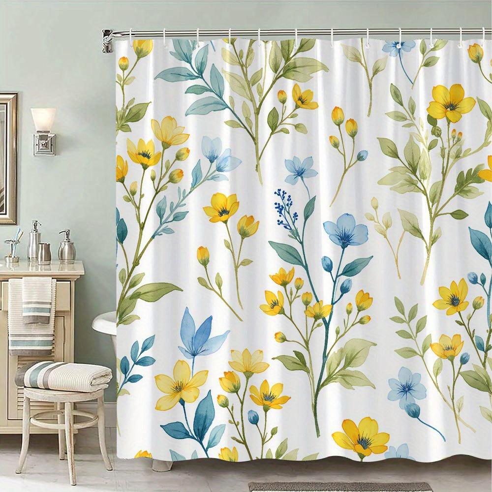 

Charming Floral Waterproof Shower Curtain, Yellow And Blue Flower Design For Elegant Bathroom Decor W60H190(CM)-1 Pcs