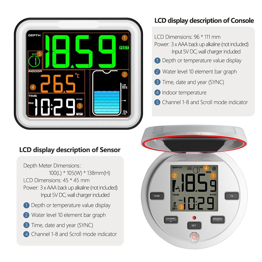 Ultrasonic Level Gauge Wireless LCD Display IP68 Water Tank Liquid Meter Solar Powered 150M Remote Monitoring