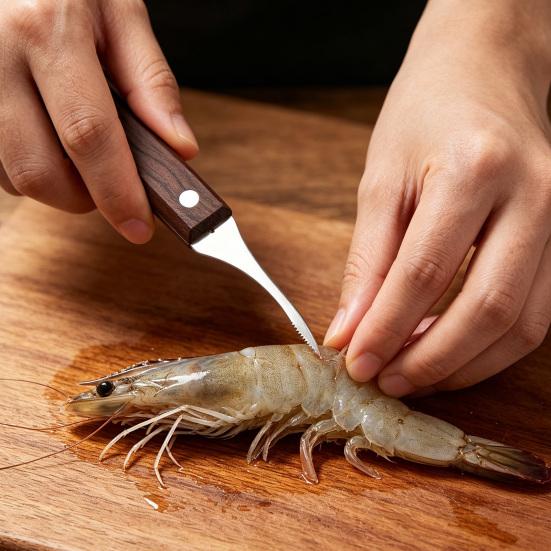 Stainless Steel Shrimp Deveiner with Wood Handle 3-in-1 Kitchen Tool for Opening Shells And Removing Veins Rust-Proof Essential Seafood Gadget for