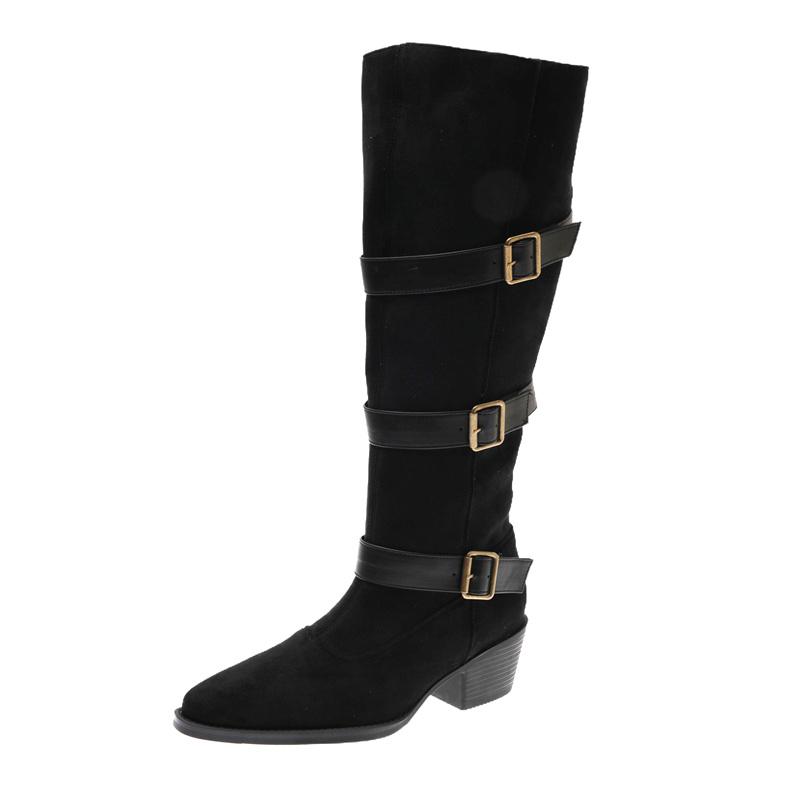 

High Boots Temperament Pointed Toe Metal Belt Buckle Soft Slip Block Heel Single 35 чёрный