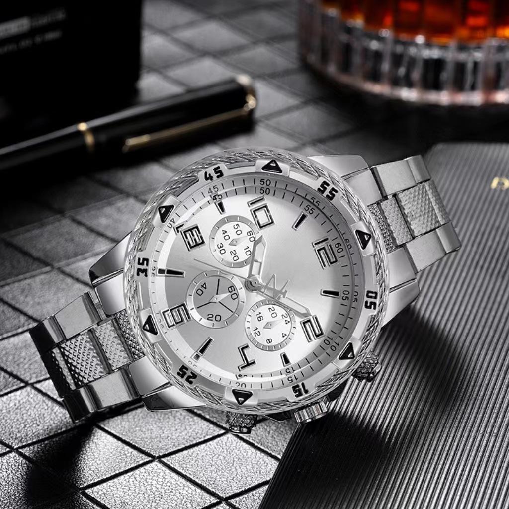 Men'S Watch Steel Belt Quartz Watch False Three-Eye Blue Light Large Dial Business Fashion Men'S Watch