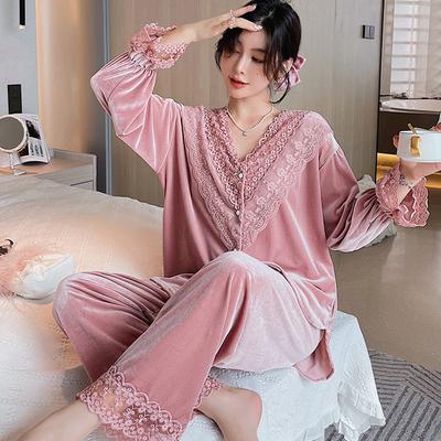 Goldener Samt-Pyjama für Damen, dünner, langärmeliger Pyjama mit Spitzenbedruckung für Damen, Frühling und Herbst, süßer Homewear-Pyjama