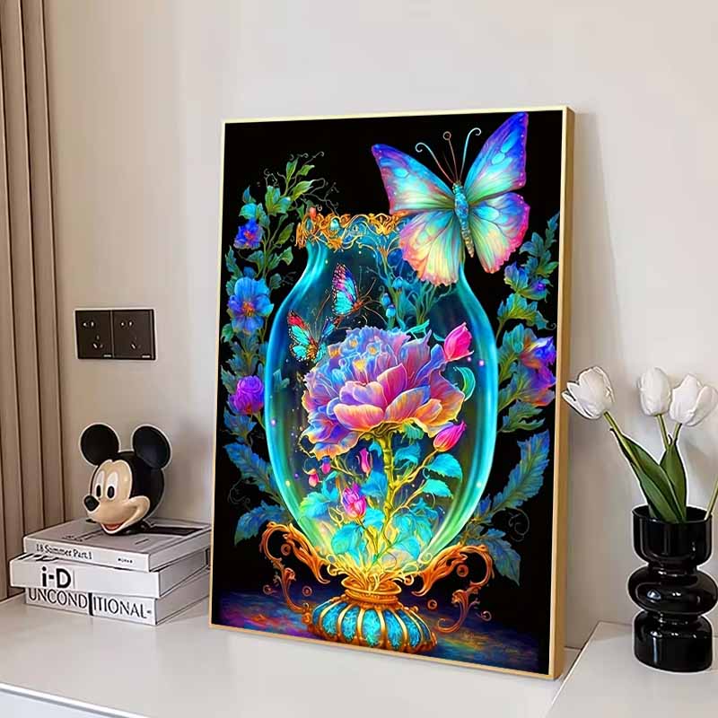 New Arrival 5D DIY Full Circle Diamond Painting "Glass Vase Butterfly" Embroidery Cross Stitch Home Decor Gift