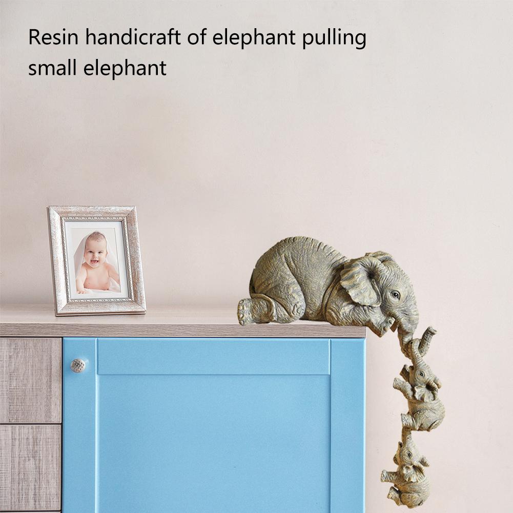 Elephant Sitter Synthetic Resin Craft Figurines Mother and Two Babies Hanging Off The Edge of Shelf Table Home Decor Gift