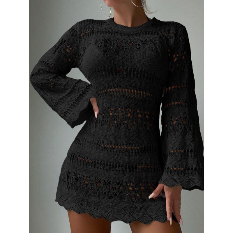 Summer Sexy See Through Beach Dress New Women Hollow Out Mesh Long Sleeve Cover Up Loose Sun Protection Vacation Bikini Cover Up Short Dress 265