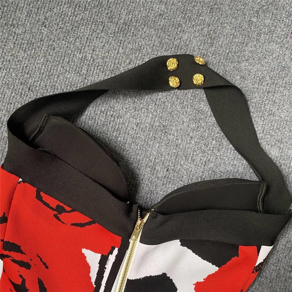 2024 Rose Jacquard Bandage Skirt: Sexy Halter Neck Dress with Gold Buttons