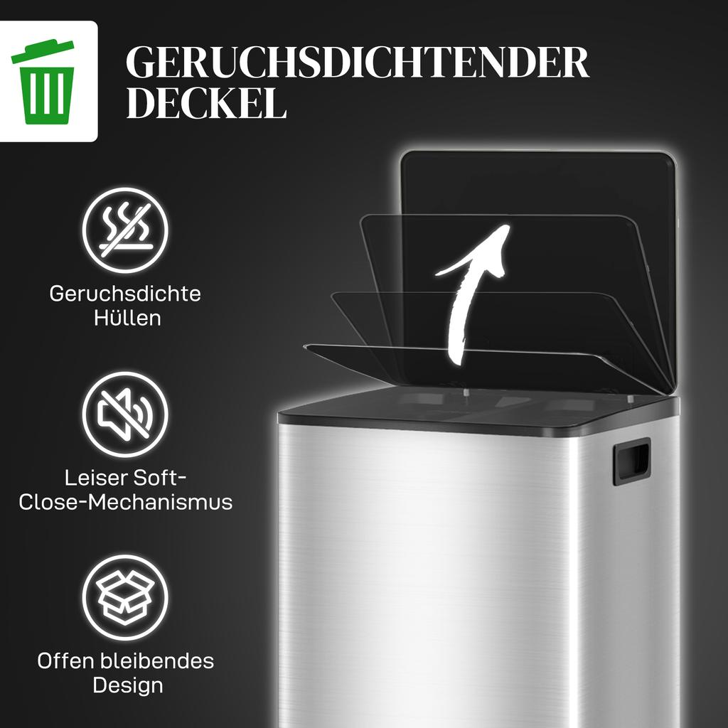40L Dual Compartment Stainless Steel Bin, with Deodoriser Holders - Silver Tone