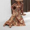 European And American Women's Summer Printed Long Skirt, V-neck, Long-sleeved, Big Swing Dress, Loose Temperament, Elegant Long Skirt